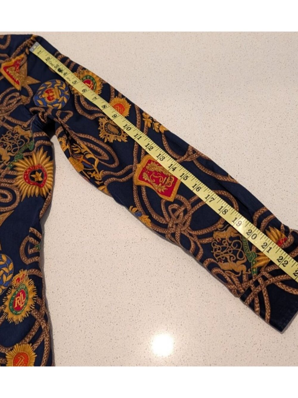 Lauren Ralph Lauren Navy Blue Button-Up Blouse Gold Chain Emblem Print Womens XL - Picture 8 of 14